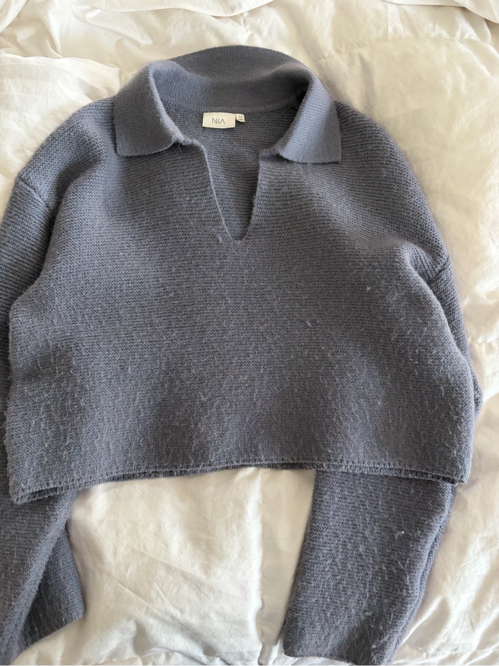 NIA Cropped Polo Knit Sweater in Slate Blue